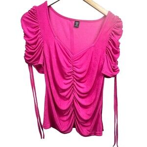 Shein‎ Curve Puff Sleeve Blouse 1XL Pink Sweetheart Neck Ruched Stretch Romantic